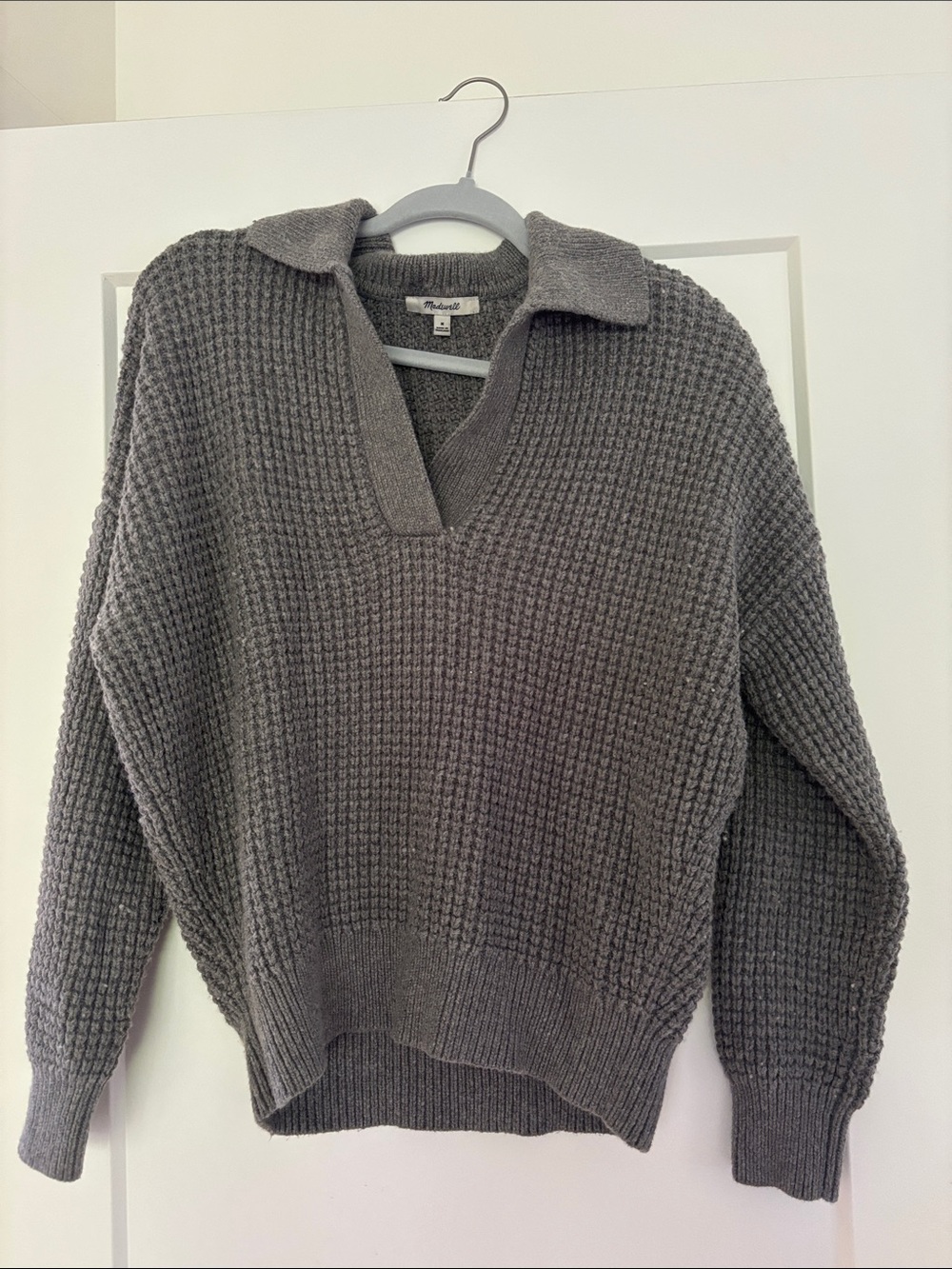 Madewell Charcoal Waffle-Knit Collared V-Neck Sweater
